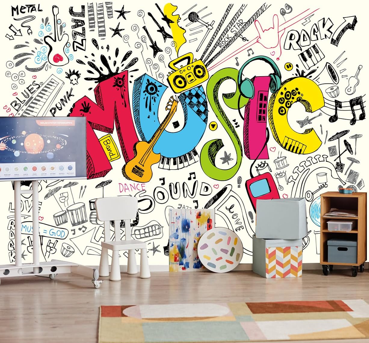 Music Graffiti Wallpaper Fan Guitar Drums Large Background Wall Decor for Music Room Bar(Not Peel and Stick)