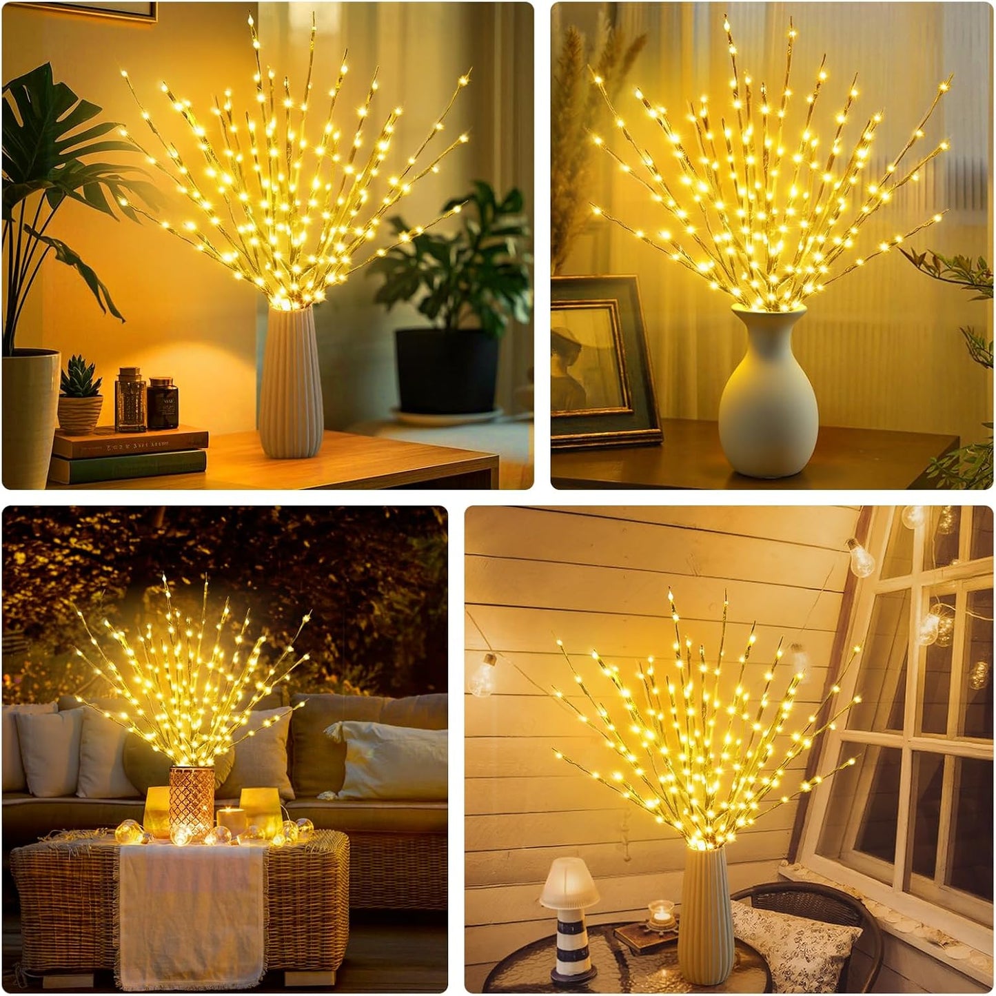 DK177 2 Pack Led Branch Light Battery Operated Lighted Branch Vase Filler Willow Tree Artificial Little Twig Power Golden 30 Inch 20 LED for Home Romantic Decoration (Gold-Warm White)