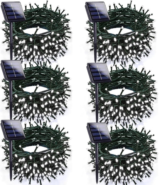 6pk Cool White Solar Christmas Lights Outdoor Waterproof, 600 LED 198FT Solar Powered LED String Lights Green Wire with 8 Modes, Solar Fairy Lights for Xmas Tree Party Wedding Garden Fence Decorations