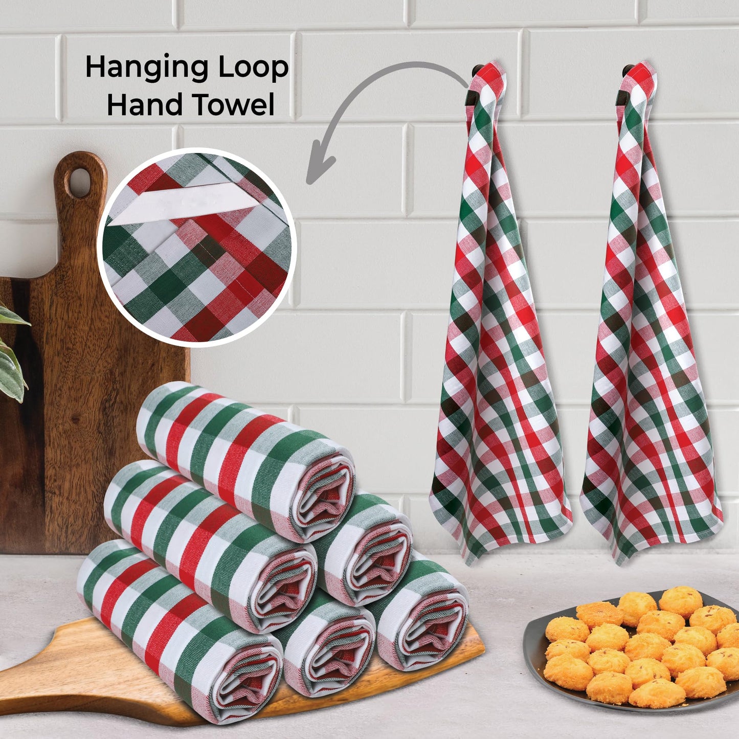 Christmas Kitchen Towels Set (6 Pack) – 100% Cotton, Absorbent Dish Cloths with Hanging Loop (X-Mas Checks, 20"x30")