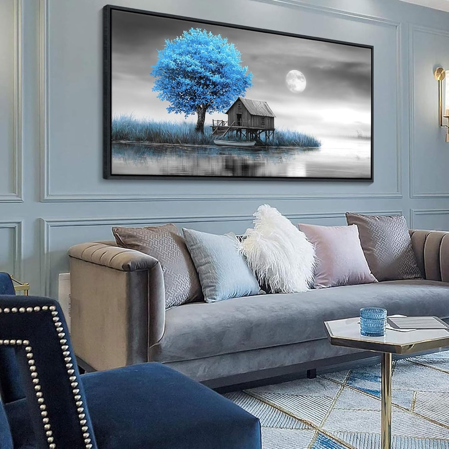 JEAWA Large Framed Canvas Wall Art - Blue Gray Picture for Living Room Home Office, Winter Landscape Canvas Paintings, Moon Pictures Wall Decor, Tree Artwork Print, 29x58 IN