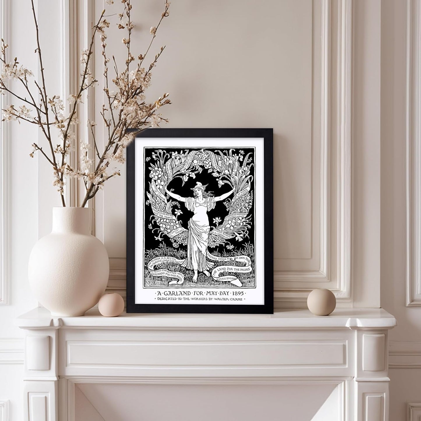 Poster Master Vintage Walter Crane Poster - Retro A Garland for May Day Print - Socialist Art - Gift for Him, Her, Men, Women - Wall Decor for Home, Office, Living Room, 8x10 Black Framed