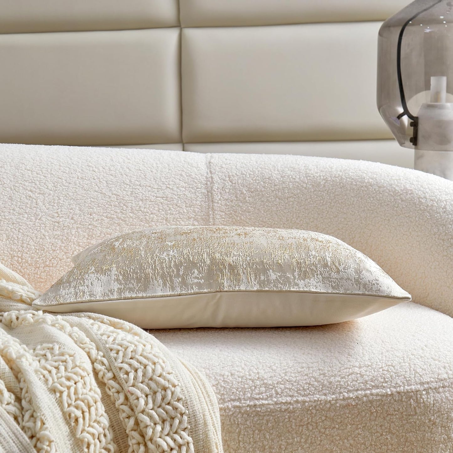 THE-TINOART Cream Beige & Gold Luxury Pillow Cover 12x20 - Embroidered Jacquard with Metallic Thread, Reversible Decorative Throw Pillow Cover for Sofa/Bed, Velvet Backing