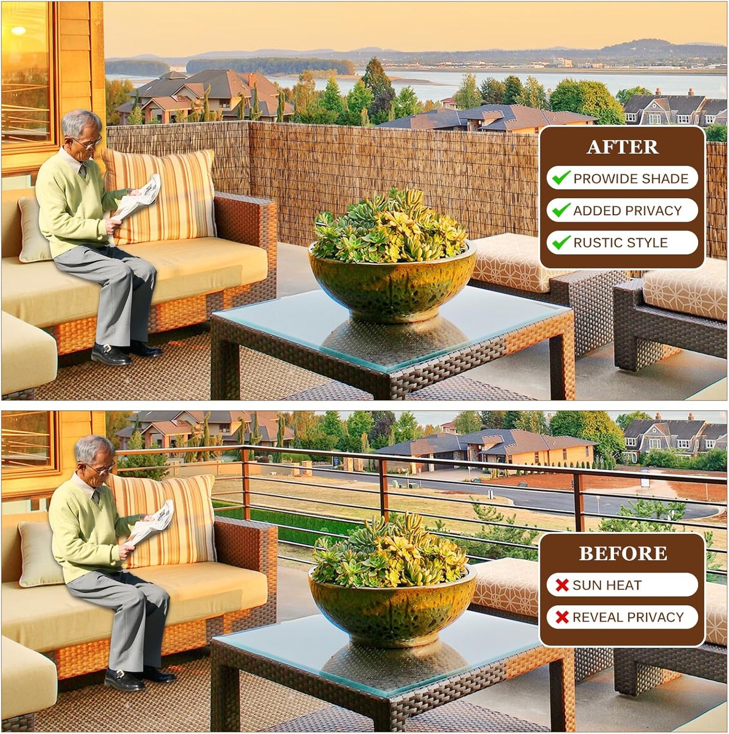 Natural Reed Fencing Rolls: Privacy Bamboo Fence 3/4/5/6ft High Roll Reed Screen, Decorative Bamboo Fencing for Outdoor Balcony Patio Garden Backyard,with Cable Zip Ties(Coffee, 3x10ft)