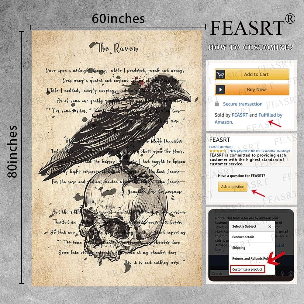 The Raven Tapestry Edgar Allan Poe Poem Tapestry Gothic Skull Dictionary Tapestries Wall Hanging Background 60x80 Inches Living Room Bedroom Home Dorm GTQQAY1544