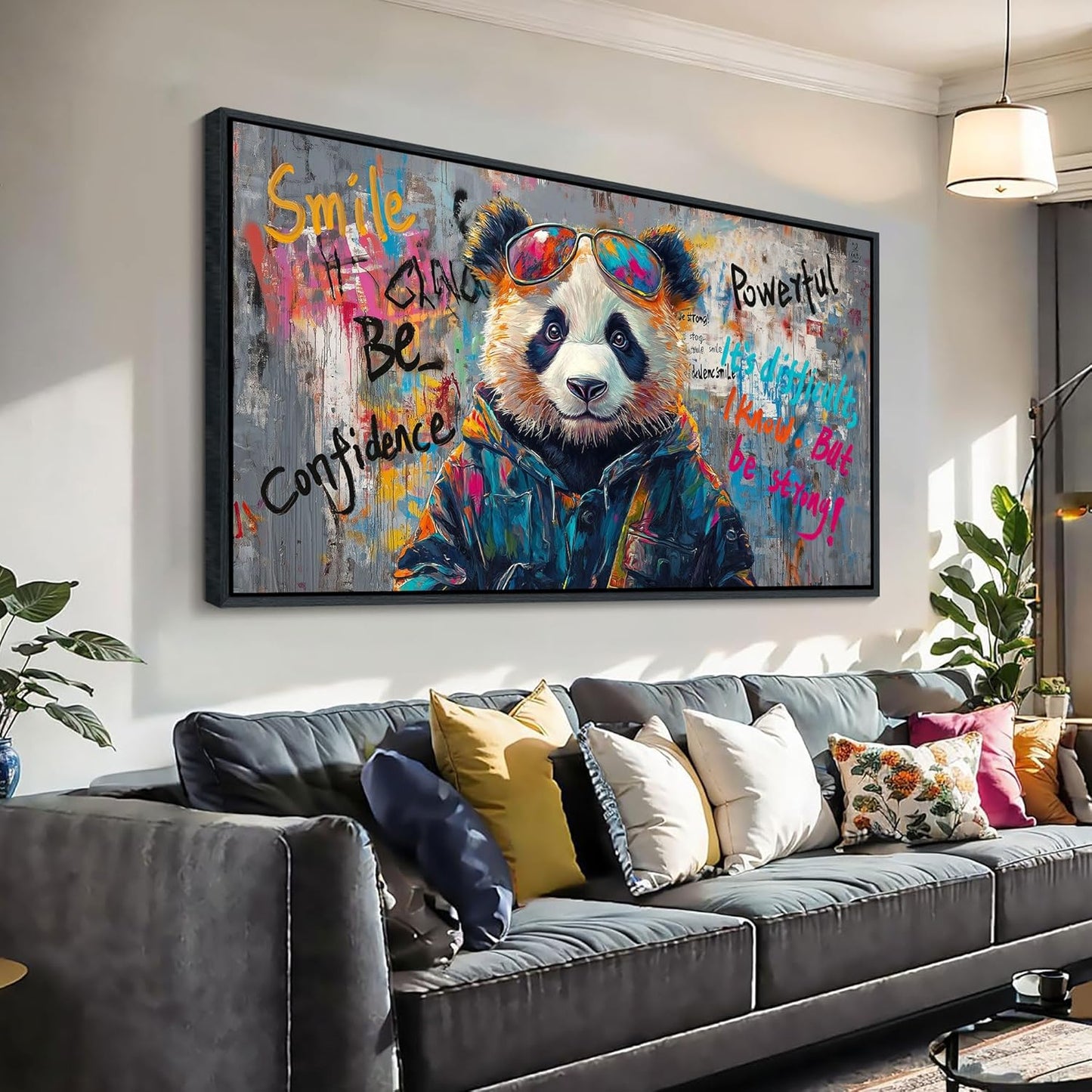JEAWA Large Canvas Framed Wall Art, Panda Abstract Graffiti Street Art Pop Wall Picture Black and White Paintings Ready to Hang Living Room Bedroom Study Home Office Inspirational Decor 29x58 IN
