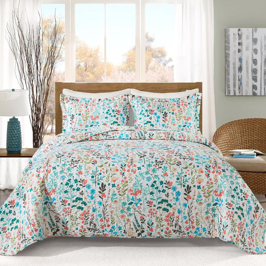 VAPUTAR Queen Quilt Bedding Set-3 Pieces Botanical Quilt Queen Size (90 x 98 inch), Reversible Queen Coverlet with Garden Style Floral Pattern, Bedspread Queen Size Suitalble for All Season.