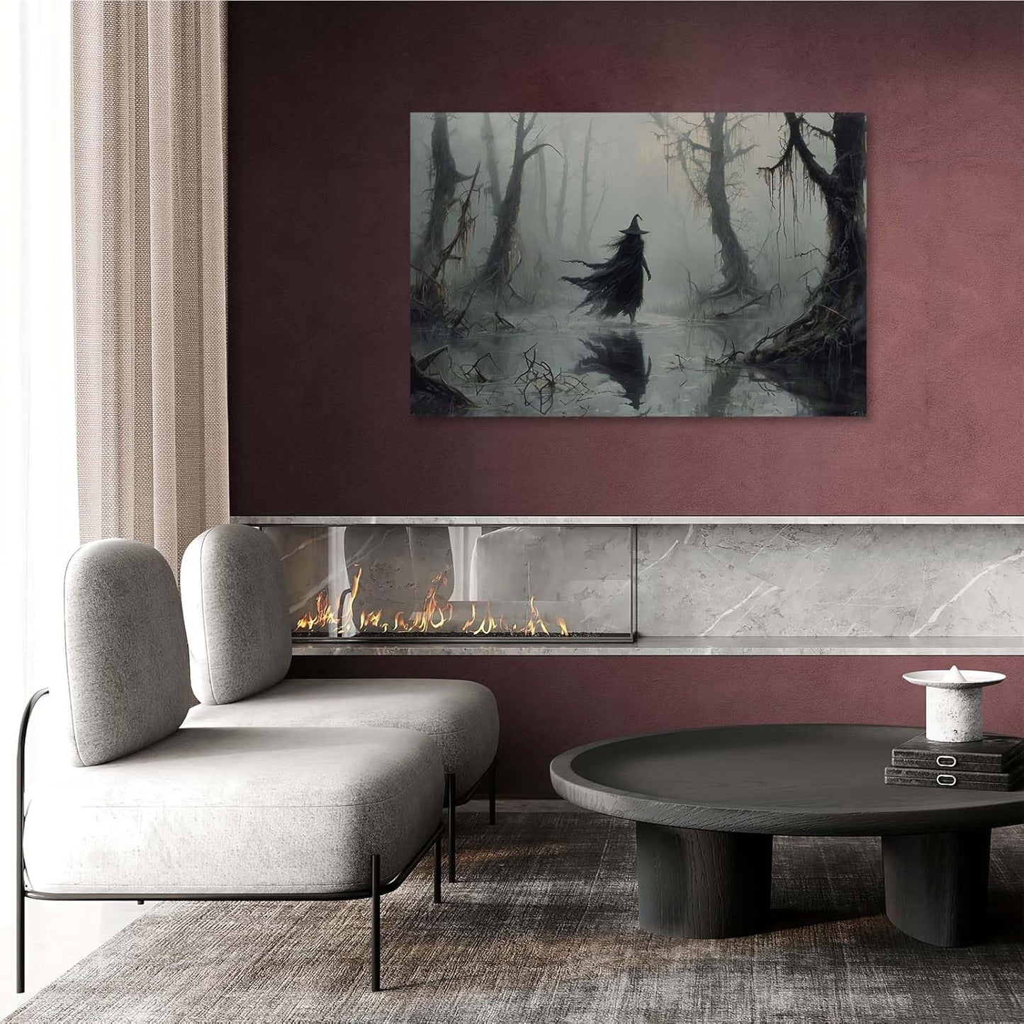 Vintage rustic swamp witch poster dark moody wall art gothic horror season halloween print for home decor retro dark moody painting24x36in Wood Framed