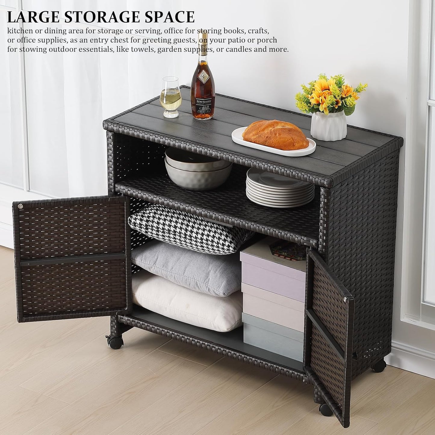 Outdoor Wicker Storage Cabinet - Patio Bar Table with Wheel,Outdoor Buffet Cabinet Movable,Garden Weather-Proof Bar Table/Cart for Indoor&Outdoor (Dark Brown)