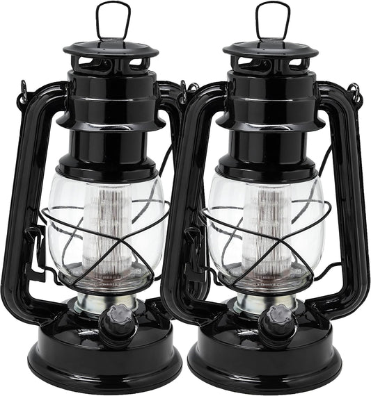 YAKii LED Vintage Lantern Metal Hanging Hurricane 12 LED Dimmer Switch Cold White Battery Operated Power Outage Indoor Camping Lighting Outdoor Brooklyn (Black 2 Pack)