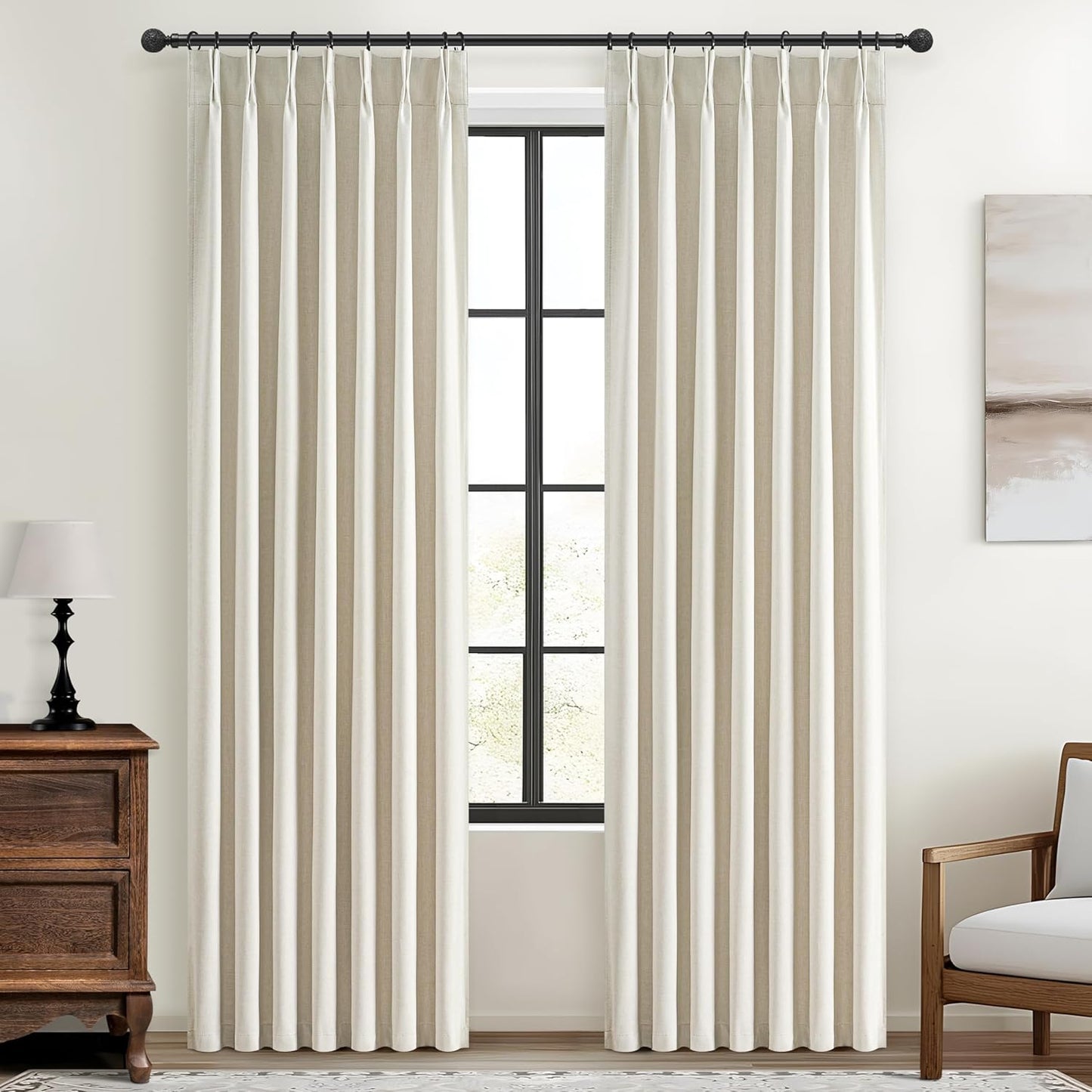 Cream Pleat Blackout Curtains 84 Inch Length 2 Panels Set for Living Room, Farmhouse Linen Blend Thermal Window Drapes Pinch Pleated Room Darkening Bedroom Light Beige 40" W x 84" L