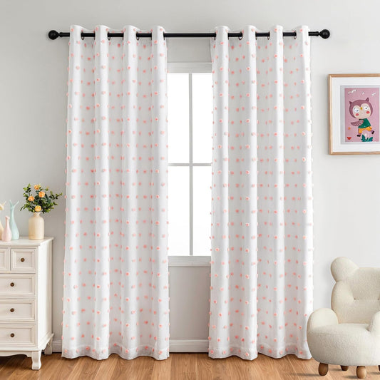MYSKY HOME Total Blackout Curtains for Girls Bedroom 90 Inch Long 100% Light Blocking Curtains for Living Room 2 Panels Room Darkening Grommet Double Layer Drapes with Pink Pom Pom Sheer 52W x 90L