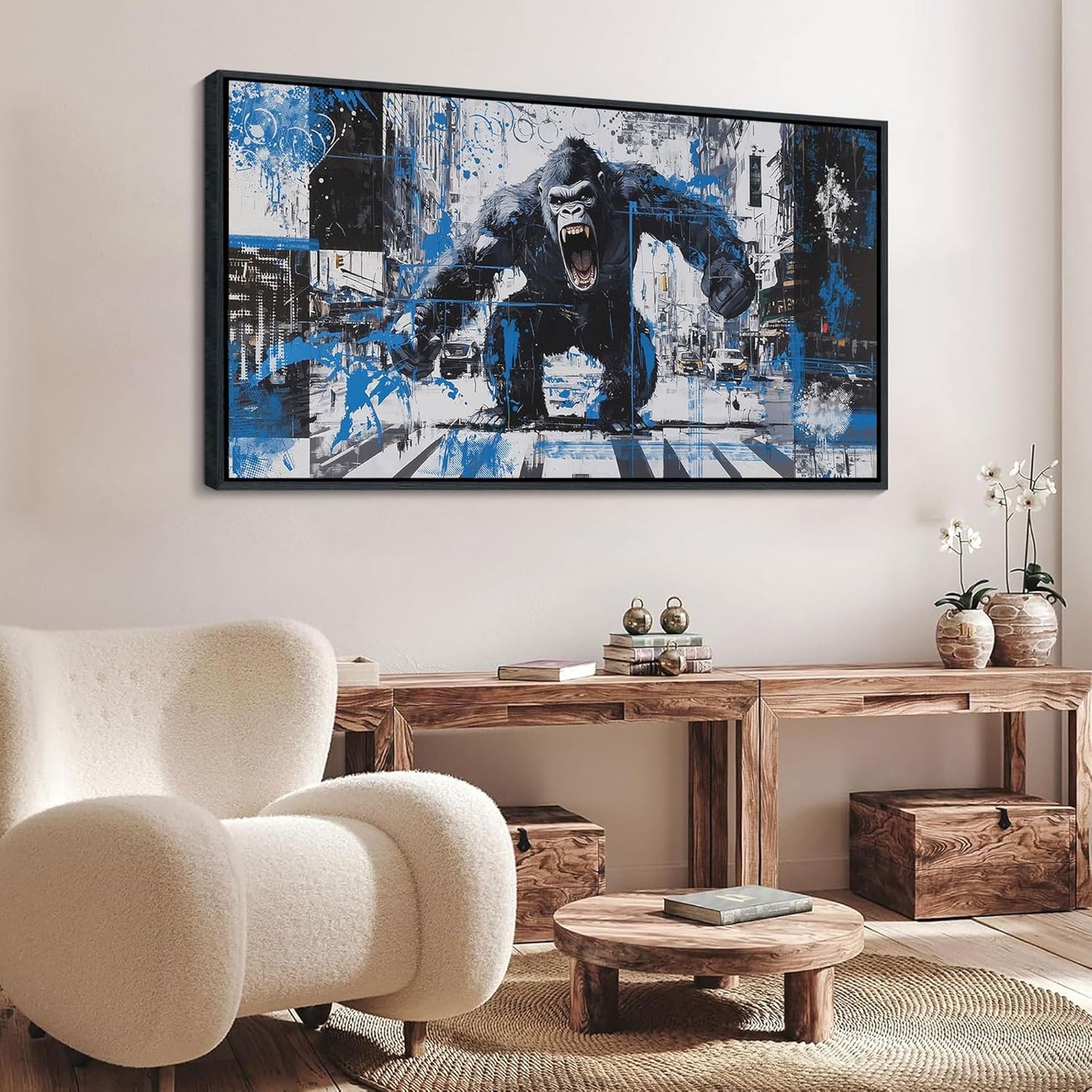 JEAWA Canvas Framed Wall Art, Large 24x48 IN Angry Gorilla Abstract City Street Graffiti Pop Paintings Black and White Modern Picture for Living Room Bedroom Men Teenage Study Home Office Decor