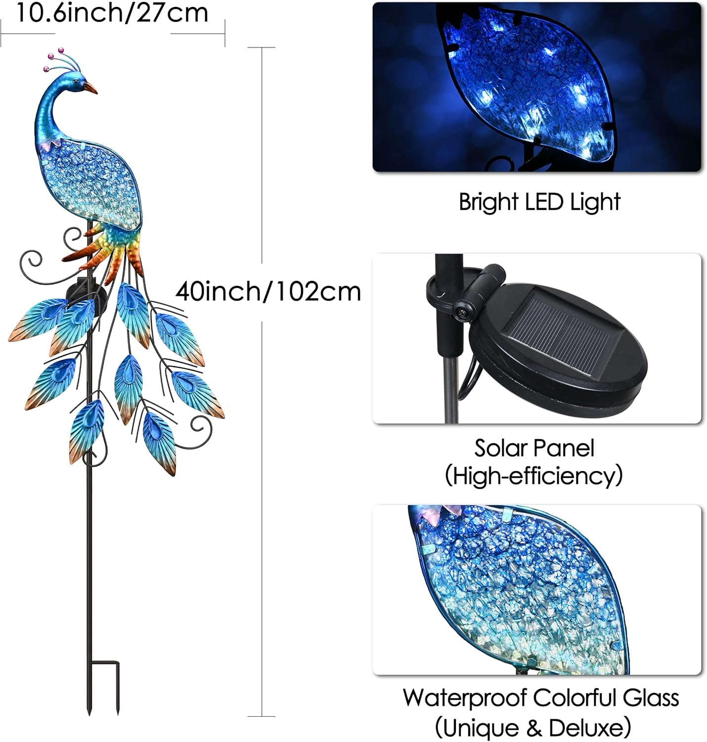 TERESA'S Collections Garden Decor Blue Peacock with Solar Outdoor Lights, 40" Glass Yard Art for Outside, Decorative Metal Stake Outdoor Decor for Lawn Decorations, Patio, Gifts for Mom