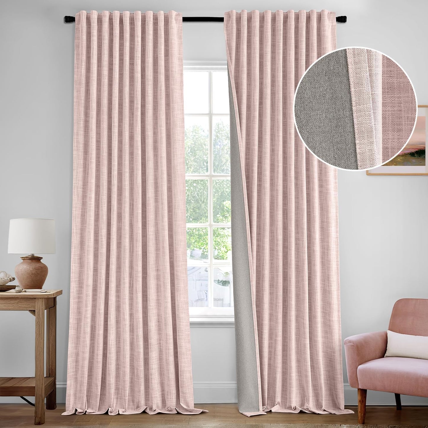 MIULEE Baby Pink 100% Blackout Linen Curtain 120 Inch 2 Panel Set Double Sided No Coating Pinch Pleated Back Tab Black out 10 FT Extra Long Thermal Insulated Bedroom Living Room Darkening Window Drape
