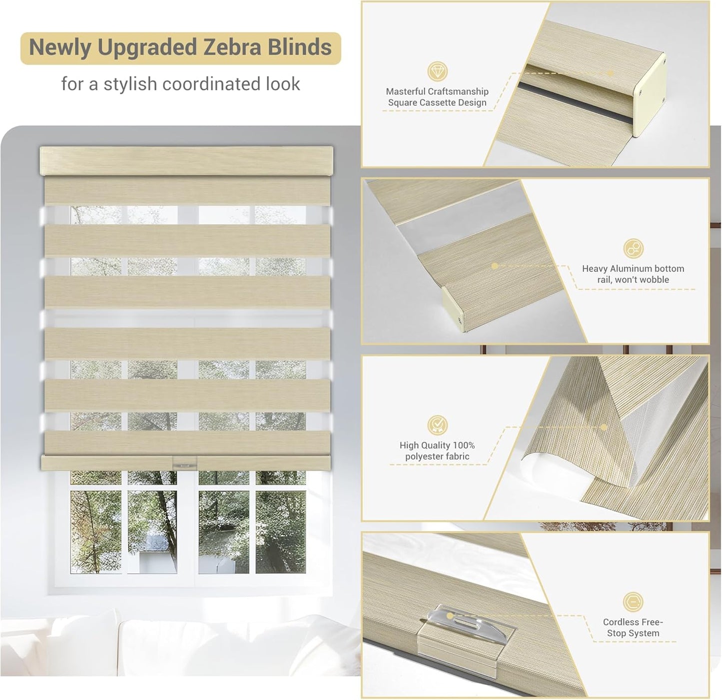 Cordless Zebra Blinds for Windows, Blackout Interior Blinds,Easy to Install,UV Protection,for Offices and Home,Custom Roller Shades, Mousse Beige,54" W x 88" H