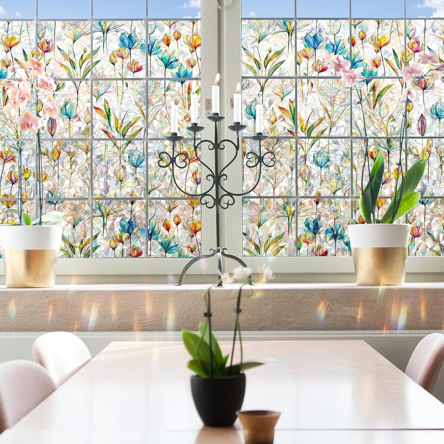 Rainbow Window Privacy Film 3D Floral Decorative Stained Glass Window Film Anti UV Non-Adhesive Reusable 23.6" x 78.7" for Home Room Car Glass Cling