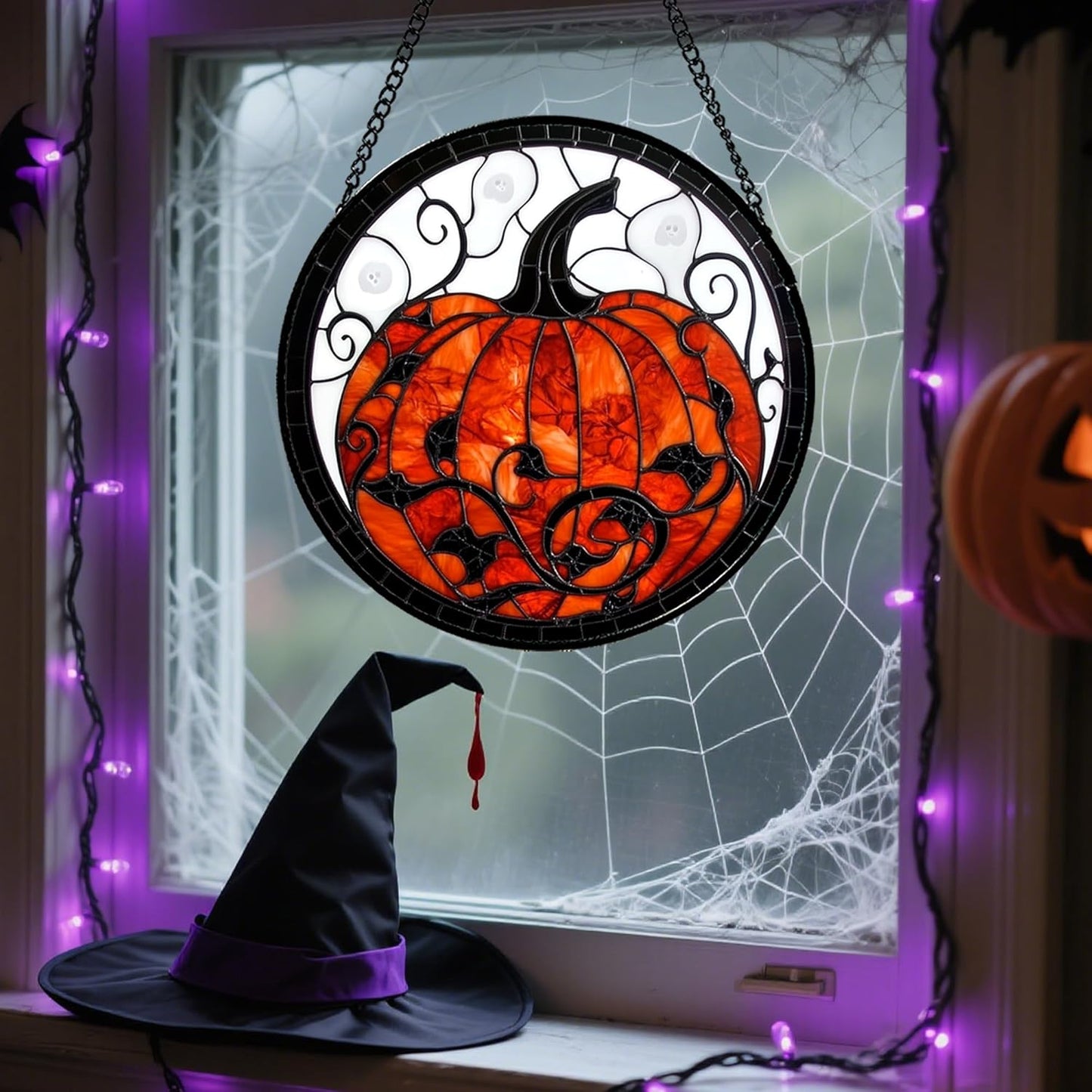 Stained Glass Window Hanging - Halloween Red White Scary Pumpkin Suncatcher for Doors Garden Home Spooky Rattan Sun Catchers Gothic Decor Horror Gifts for Women Men Friend Boy Girl 6.3 in