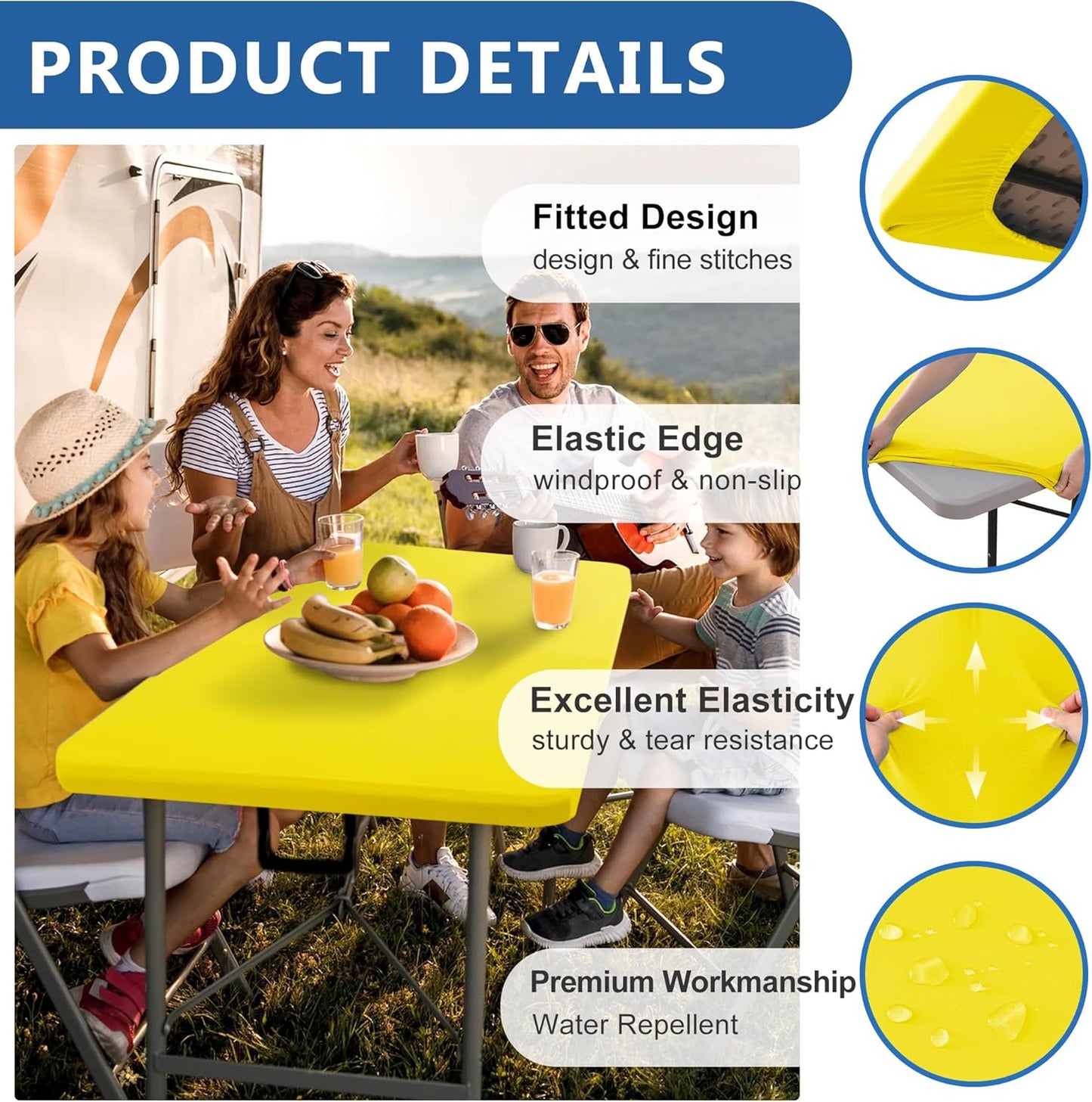 Fitted Tablecloth for 6 Foot Rectangle Tables-6 Pack Yellow Elastic Outdoor Picnic Table Cover-Spandex Stretch Folding Table Cloths 6 ft for Camping Dining Room Patio Kitchen Banquet Party