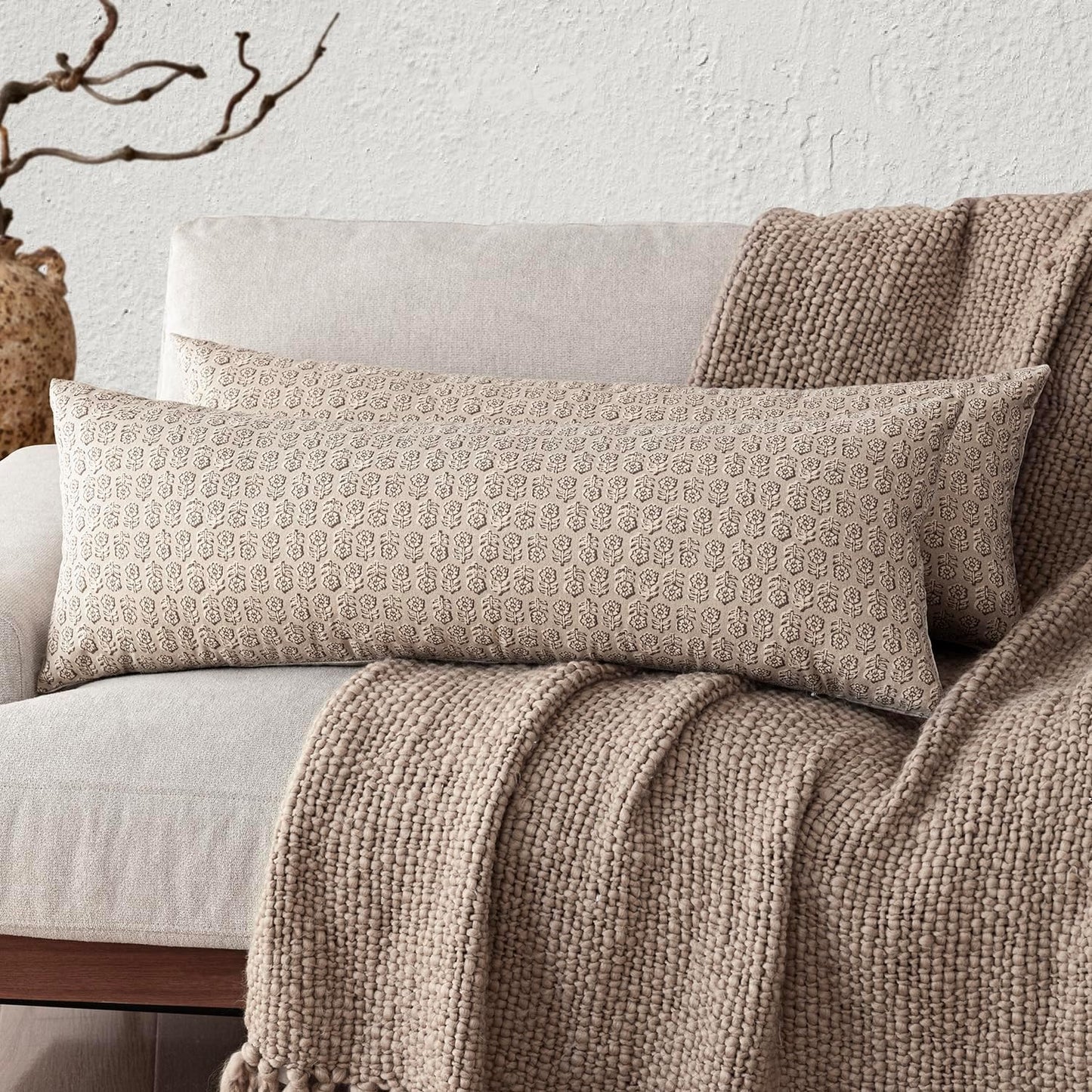 Foindtower Set of 2 Decorative Long Body Lumbar Throw Pillow Covers Vintage Accent Farmhouse Cushion Covers Neutral Home Decor for Sofa Couch Chair Bedroom Living Room Outdoor,14×36 Inch,Ivory Beige