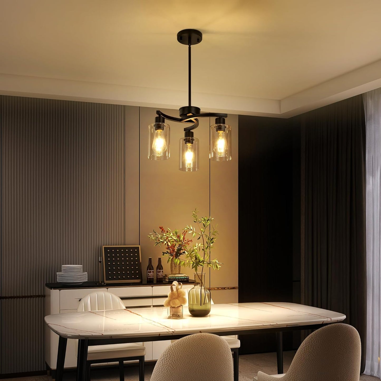 3-Light Modern Farmhouse Black Pendant Lights Kitchen Island, Adjustable Height Contemporary Chandeliers for Dining Room Light Fixture Hanging, Clear Glass Shade