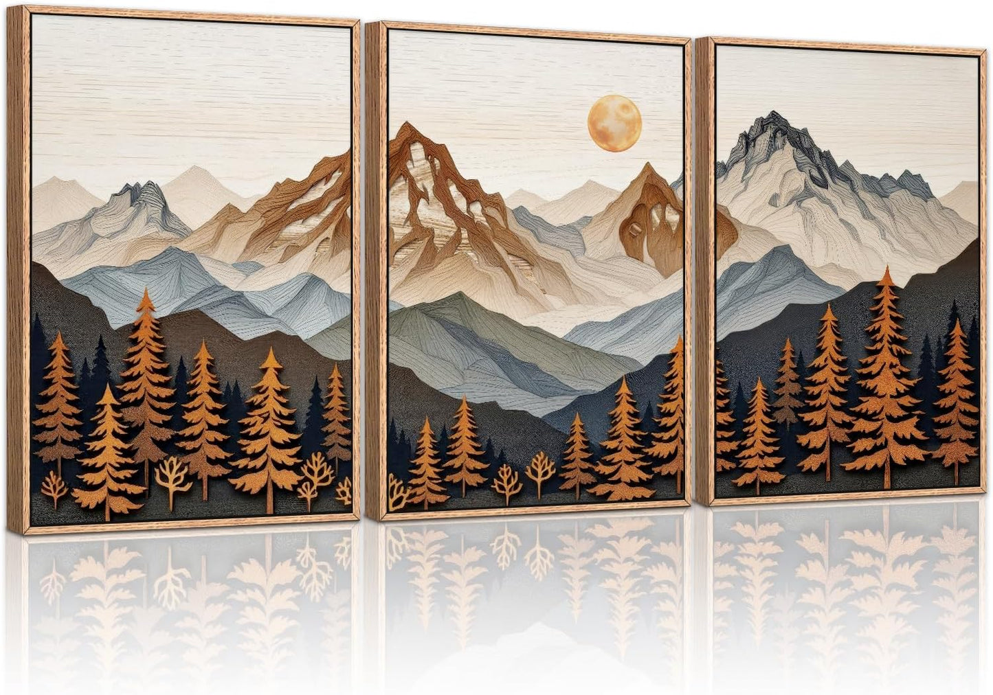 HLNIUC Large Boho Mountain Framed Canvas Wall Art Set,Woodcut Style Mountain Wall Decor,Vintage Forest Pine tree Art Prints,Nature Sunrise Landscape Wall Painting for Living Room,Bedroom - 16”x24”x3