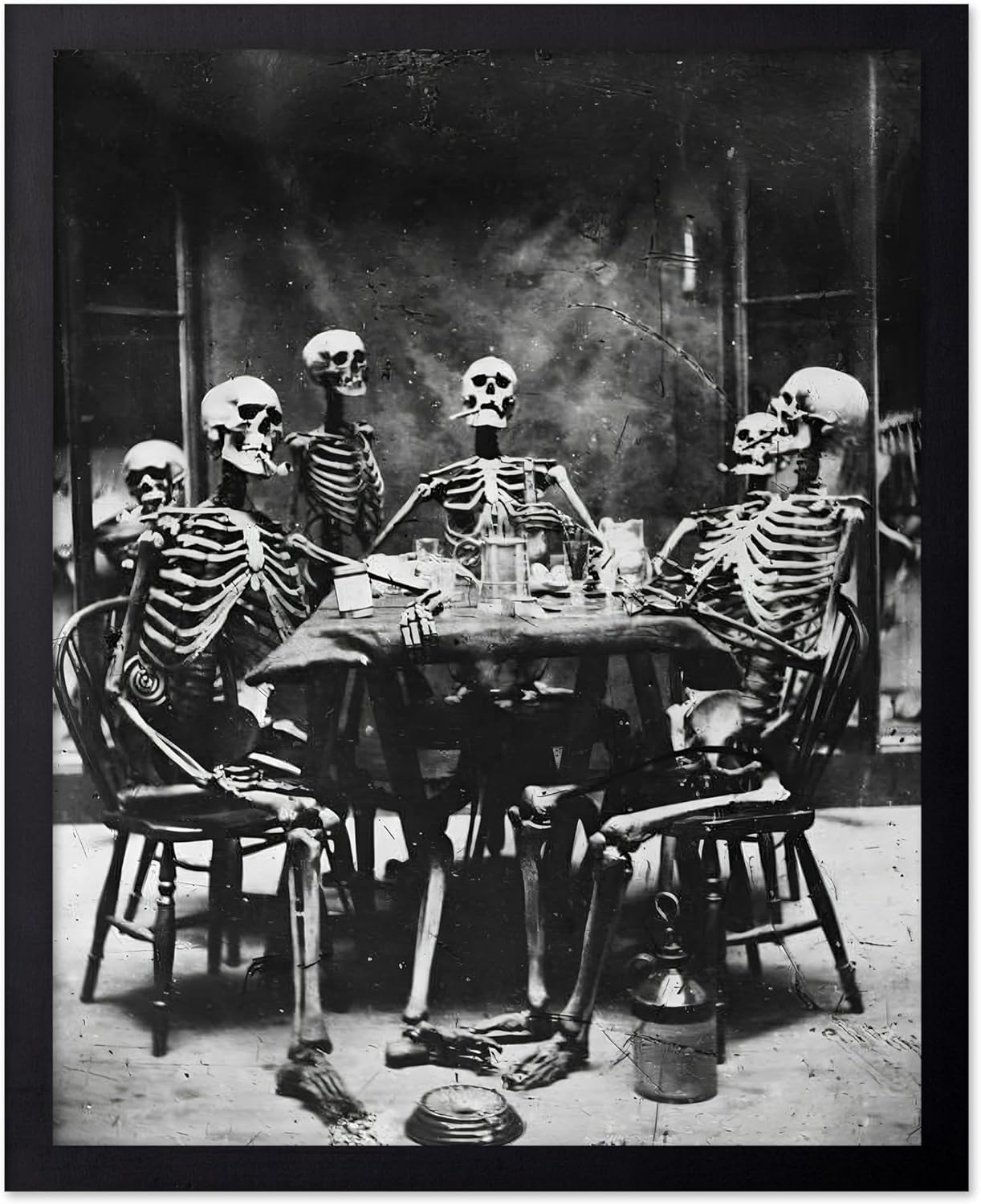 Poster Master Vintage Photograph Poster - Retro Daguerreotype Print - Gift for Artist, Friend - Skeletons Smoking at Table, Dinner Party, Goth - Wall Decor for Home, Dorm, 16x20 Black Framed