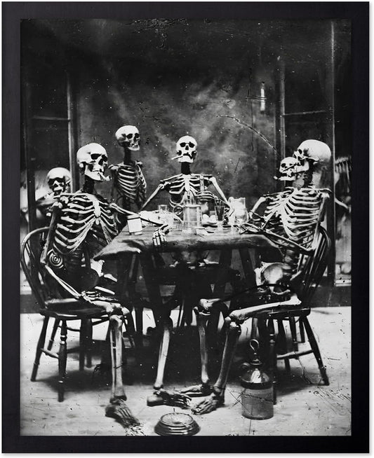 Poster Master Vintage Photograph Poster - Retro Daguerreotype Print - Gift for Artist, Friend - Skeletons Smoking at Table, Dinner Party, Goth - Wall Decor for Home, Dorm, 11x14 Black Framed