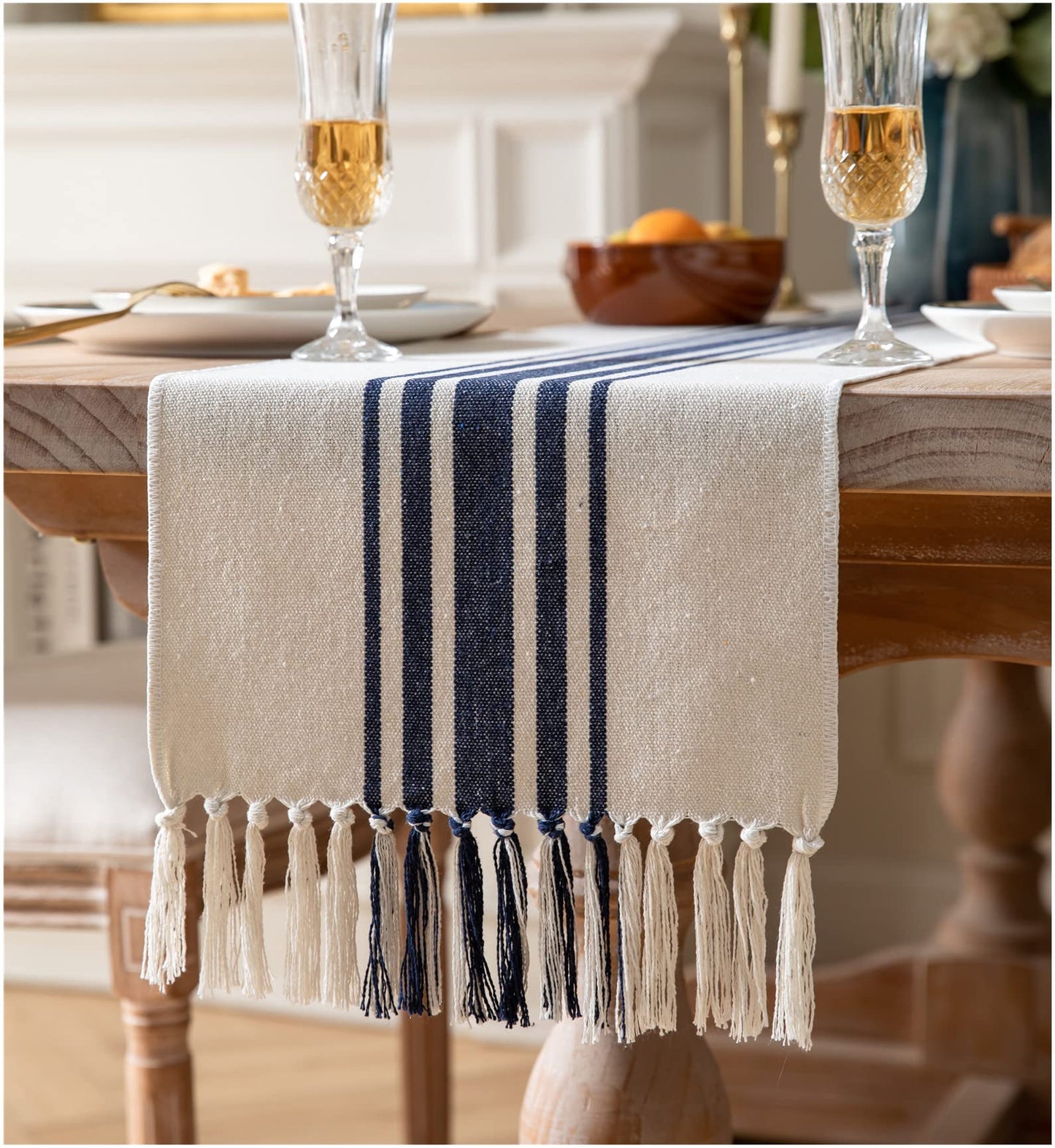 Boho Farmhouse Navy Blue & Beige Table Runner – Handcrafted Tassels, Modern Home Decor for Dining Table – Available in 4 Sizes!