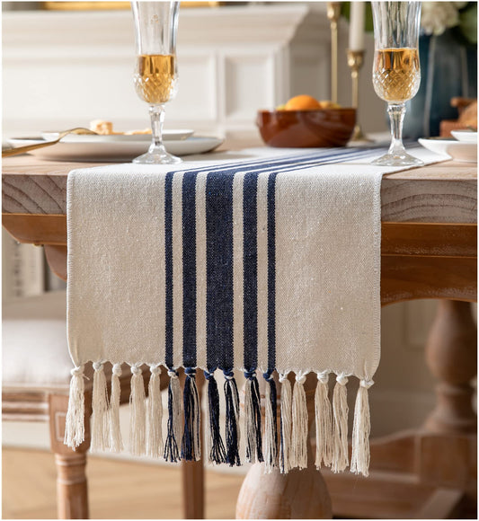 Boho Farmhouse Navy Blue & Beige Table Runner – Handcrafted Tassels, Modern Home Decor for Dining Table – Available in 4 Sizes!