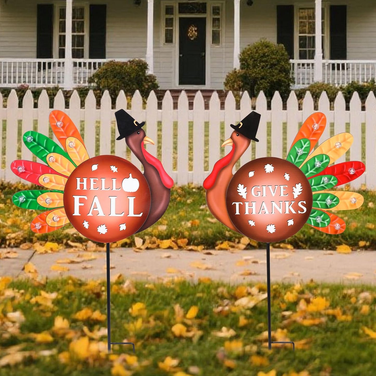 2 PCS Happy Fall Yard Signs Metal Thanksgiving Decorative Garden Stakes with Led Light Turkey Give Thanks Yard Stakes Fall Harvest Lawn Garden Lawn Pathway Decor