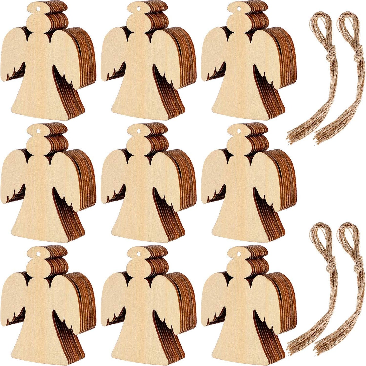 Blulu 60 Pieces Christmas Wooden Ornaments Round Wood Slices Snowflake Angel Shape with Cords for DIY Crafts New Year Christmas Tree Pendant Ornaments