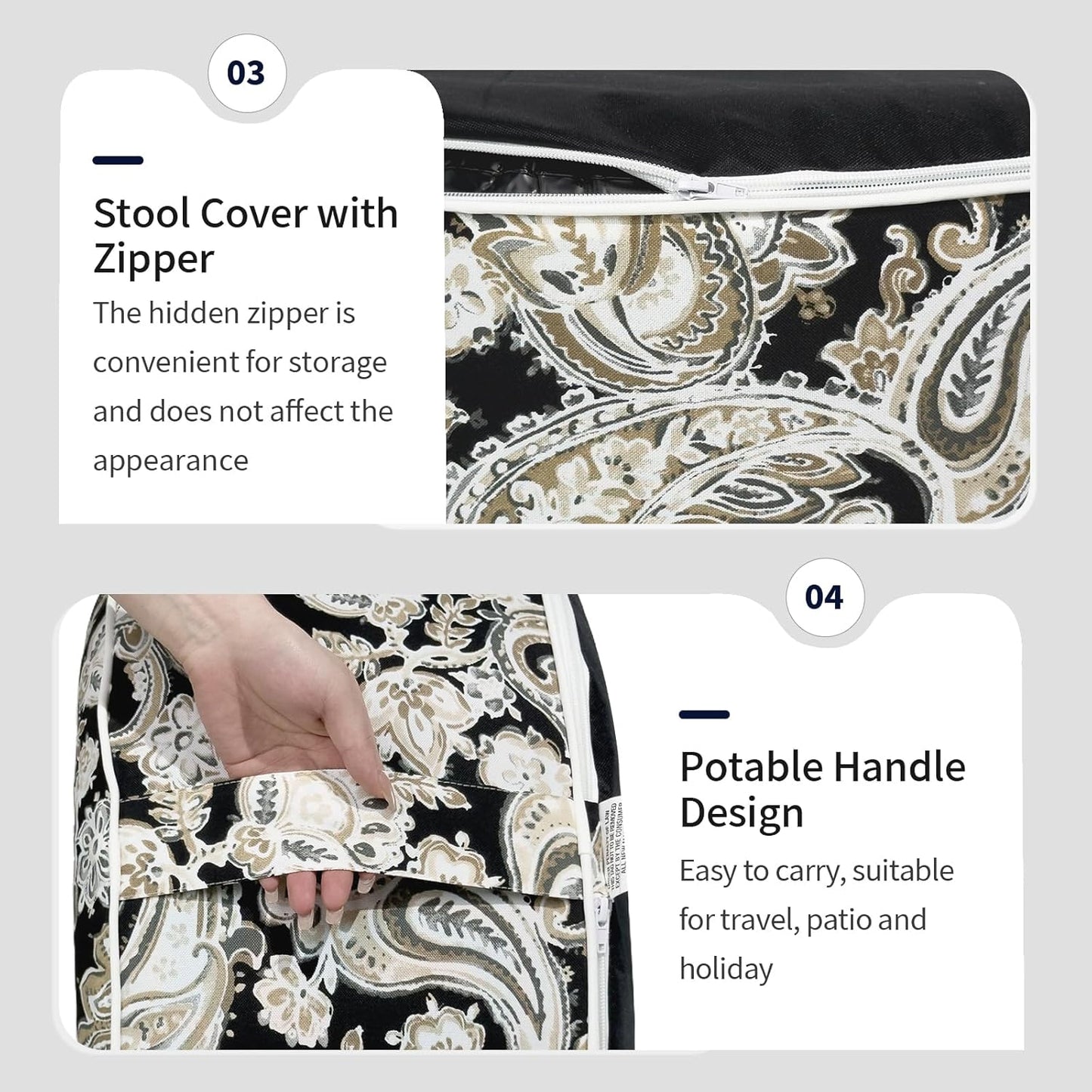 Inflatable Ottoman Stool D31 xH14 for Outdoor/Indoor Use, Water Repellent Patio Foot Rest Stool with Portable Handle,Round Pouf Ottoman Suitable for Garden,Deck and Camping - Paisley Black