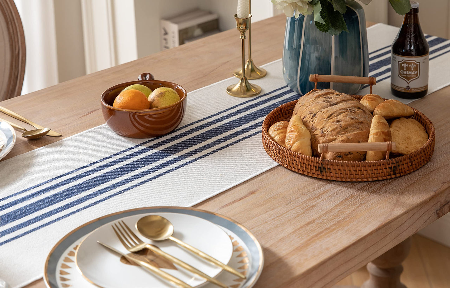 Boho Farmhouse Navy Blue & Beige Table Runner – Handcrafted Tassels, Modern Home Decor for Dining Table – Available in 4 Sizes!