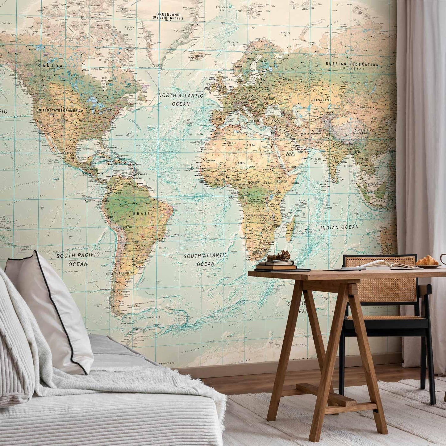 artgeist Premium Wall Mural World Map 79x55 in - XXL Non-Woven Wallpaper Fleece Wall Decor Photo Print Picture Image Design Home Map of The World k-A-0091-a-d