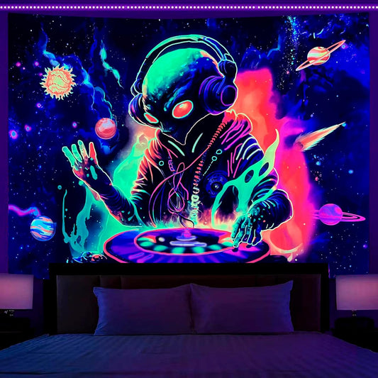 OSVINO Blacklight Alien Tapestry 79"x59" UV Reactive Alien DJing Wall Hanging Art Bedroom Decor Moon and Sun Planets Posters Wall Hanging Hippie Decor