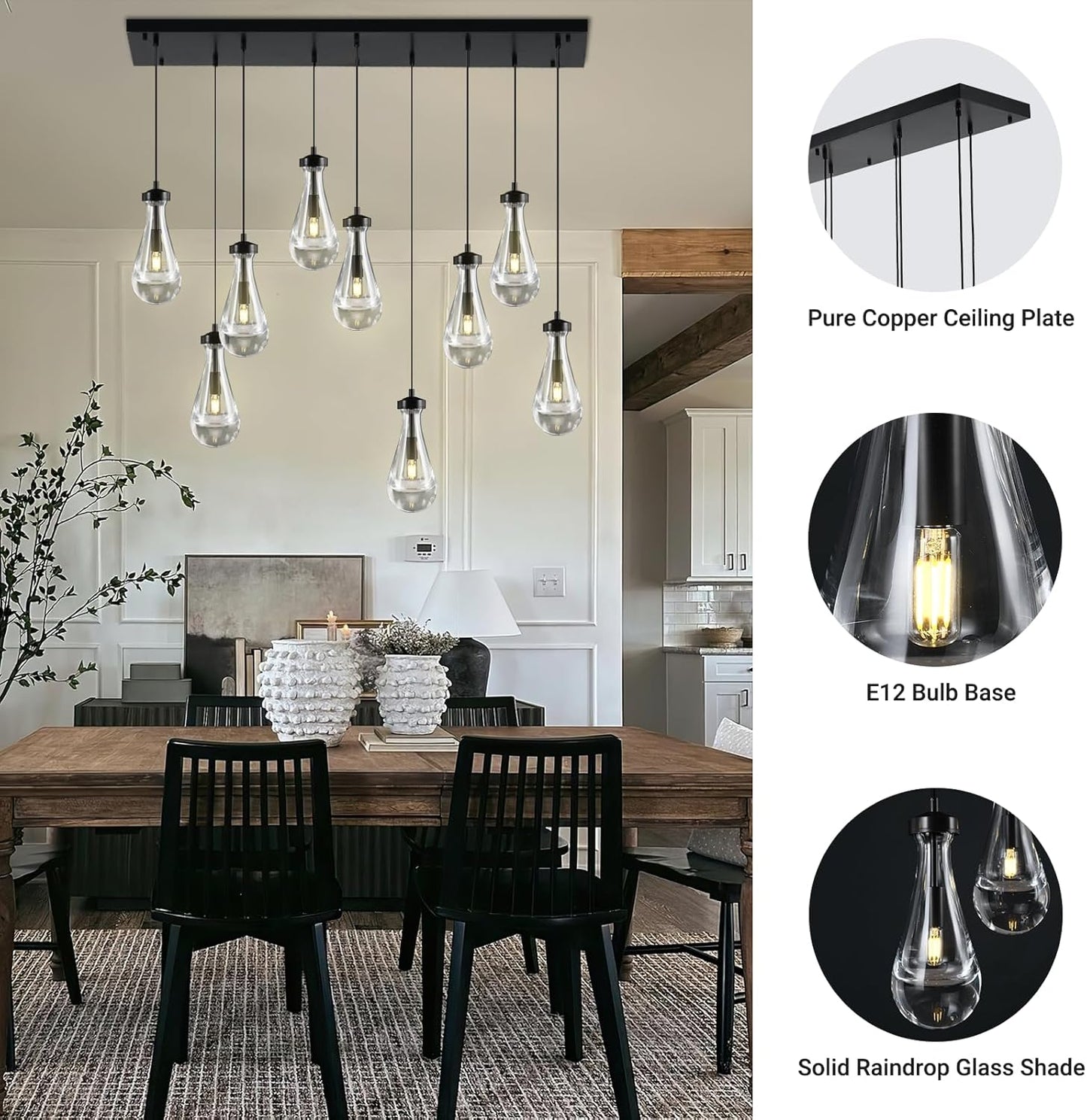 Raindrop 9-Light Chandeliers for Dining Room, Black Dining Room Lights Fixture Over Table, Teardrop Pendant Lights Kitchen Island, Adjustable Rope Hanging Lamp Ceiling for Entryway Foyer