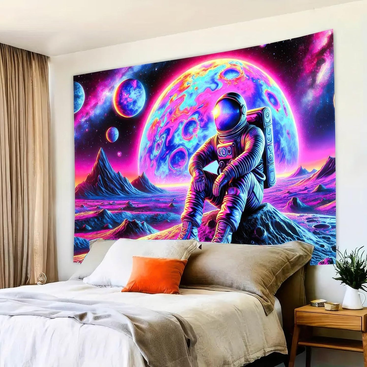 BlissYard Blacklight Tapestry Astronaut in Cosmic Landscape 78x59 Inches Modern Wall Art for Bedroom