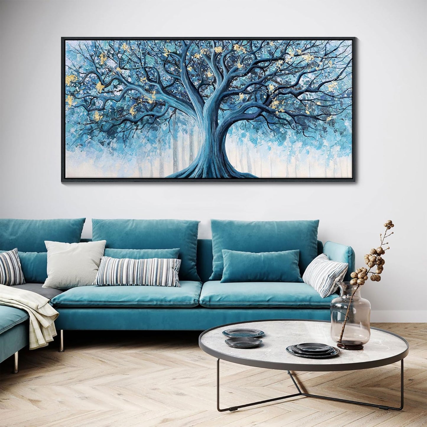 Navy Blue Canvas Wall Art - Blue and Gold Nature Wall Decor, Tree of Life for Bedroom Wall Art, Large Pictures for Living Room, Office, or Bedroom, Framed Landscape Artwork 24×48IN