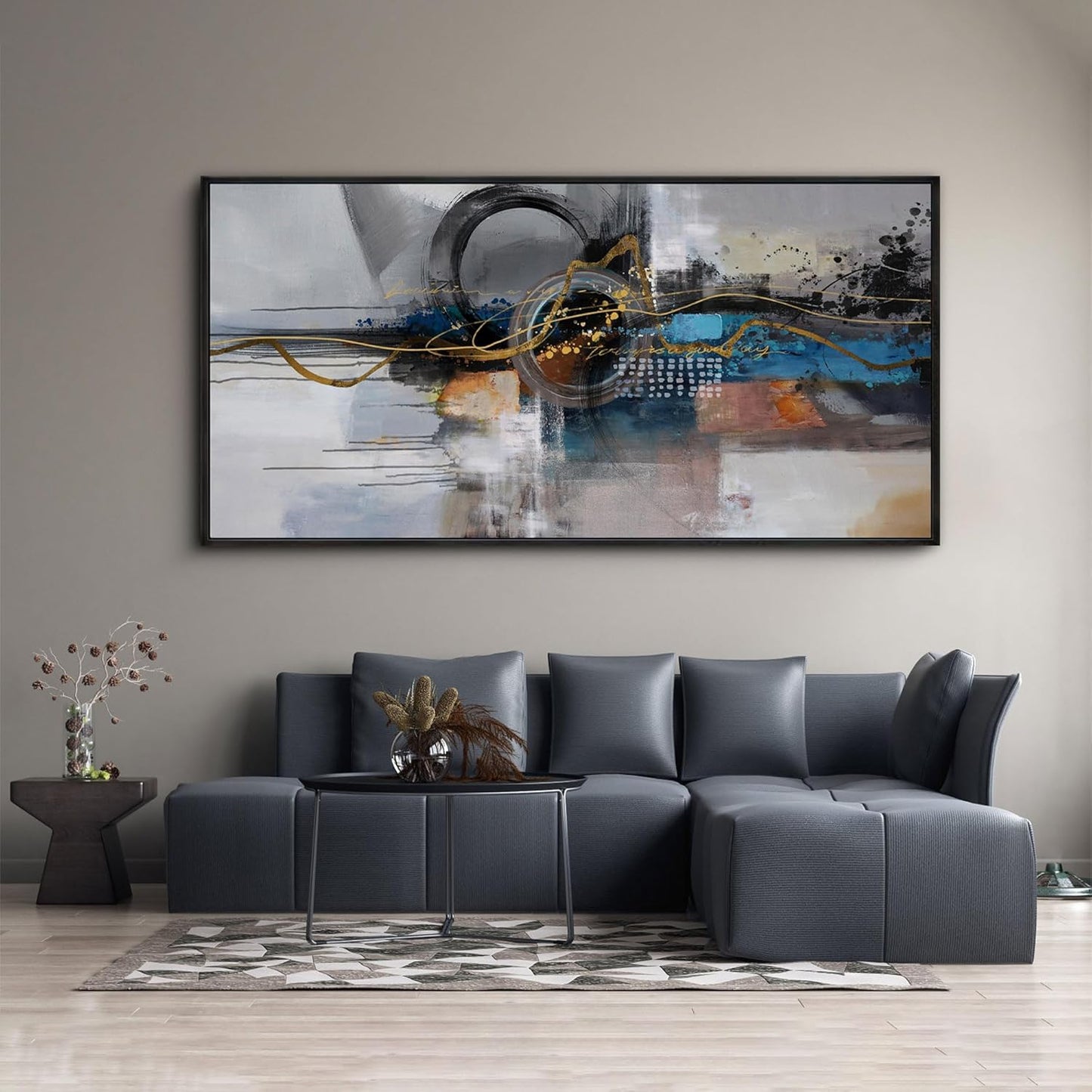 XLSJERST Large Abstract Frame Wall Art - Black and Blue Cnavas Framed Artwork for Walls Modern Minimalist Boho Gray Pictures Wall Decor for Living Room Bedroom Office Home Decoration 29x58 Inches