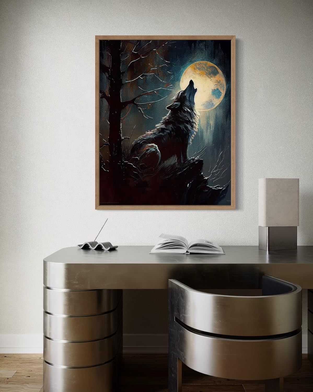 Wolf howling Poster Art Print, Halloween Scary Vintage Wall Art Academia Spooky Painting Decoration for Horror Prints, Gothic Posters Bedroom Decor 89 (Wolf howling, 11 x 14 inches, Wood Frame)