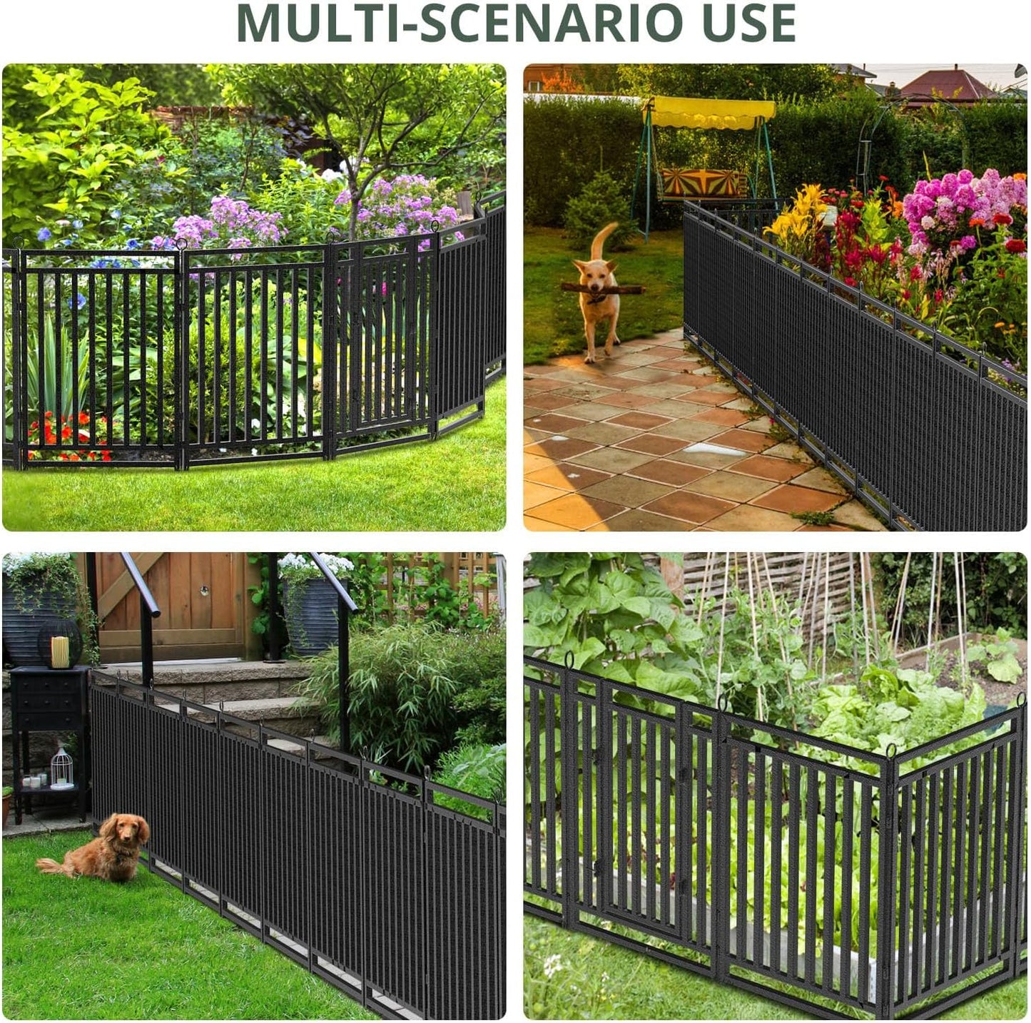 Decorative Garden Fence Metal Dog Fence Outdoor for Yard, 110ft (L) × 32in (H), 42 Panels + 6 Gates, Rustproof Animal Barrier Fencing for Patio & Flower Bed, No Dig, Black-Silver