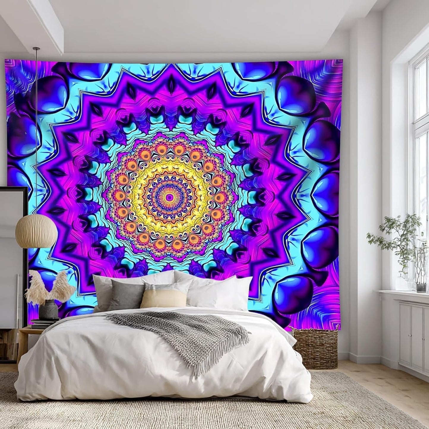 PSYHILAR Blacklight Mandala Tapestry for Bedroom, Black Light Posters for Adults and Teens, Colorful UV Reactive Aesthetic Bohemian Wall Art Decor (60 x 50 Inches)