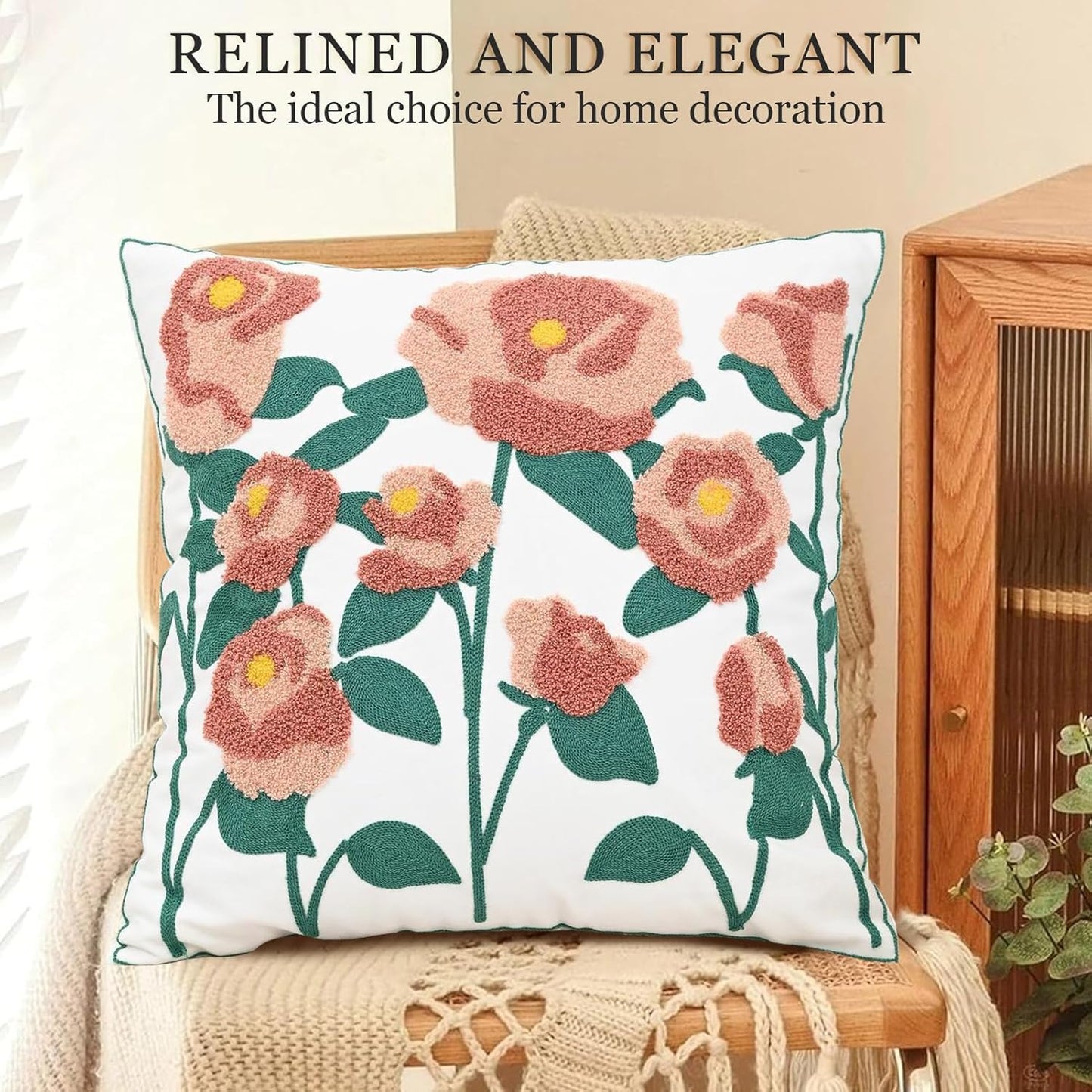 Spring Floral Throw Pillow Cover Embroidered Pillow Case Modern Romantic Flower Cushion Covers for Living Room Couch Bedroom Pink Rose