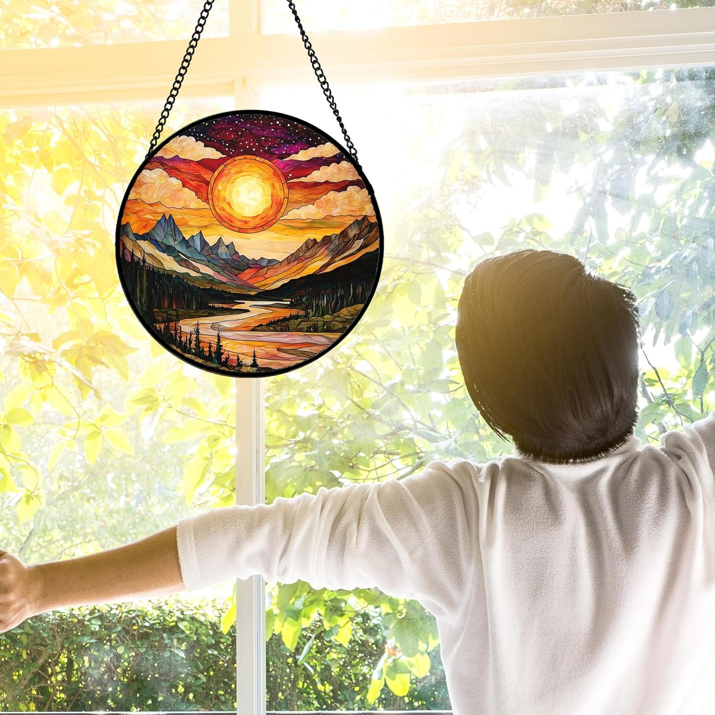 Stained Glass Window Hanging, Dusk Sunset Landscape Sun Catchers Glass Panel Lakes and Mountains Suncatcher Decor for Birthday for Women, Men, Wife, Aunt, and Mom 7.8 in