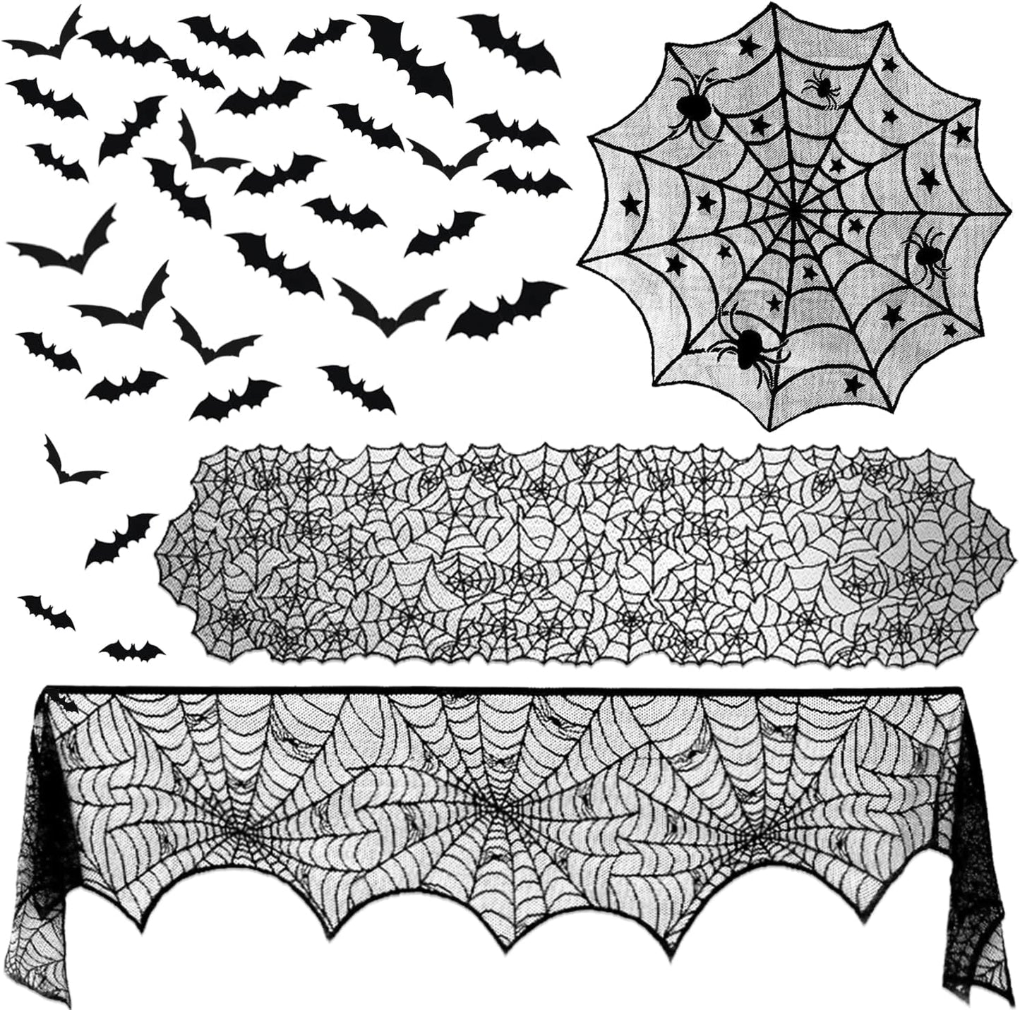 ZeeDix 39 Pcs Halloween Decorations Kit Black Lace Spiderweb Round Tablecloth Table Runner, Giant Spider Cobweb Fireplace Scarf with 36PCS Scary 3D Bats Wall Stickers for Halloween Party Decor