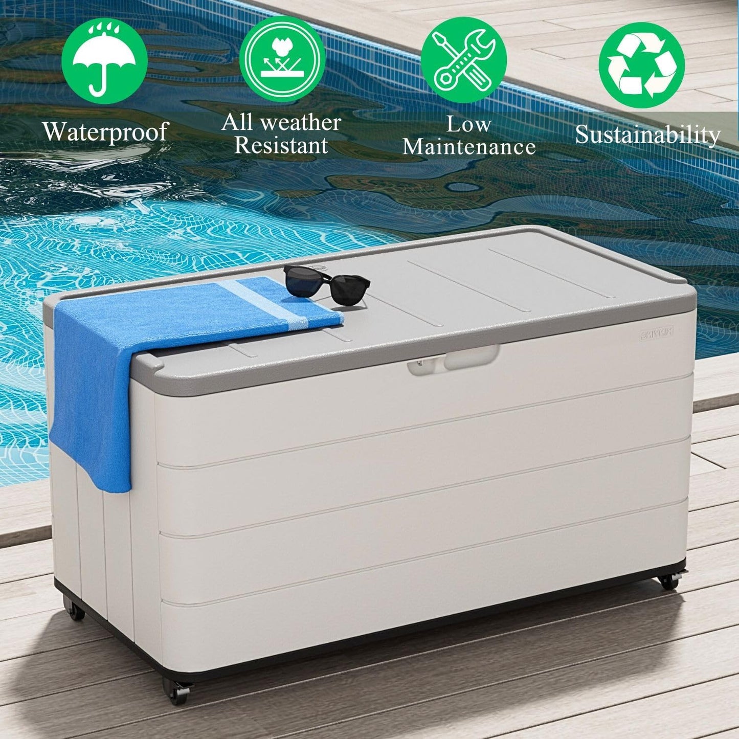 ZZM 110 Gallon Outdoor Deck Box with Wheels, Waterproof Resin Storage Cabinet for Patio