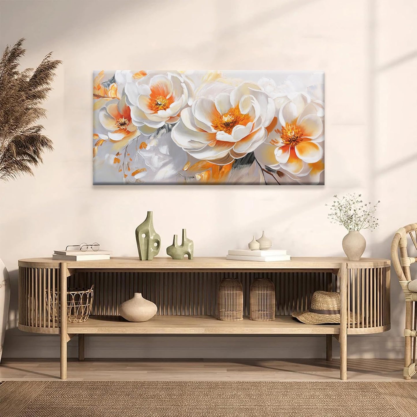 Suconvng Canvas Art Wall Decor Floral Wall Art For Living Room Modern Canvas Painting Prints Pictures Orange White Flower Wall Art Picture For Bedroom Hotel Home Wall Decor 24 X 48 Inch