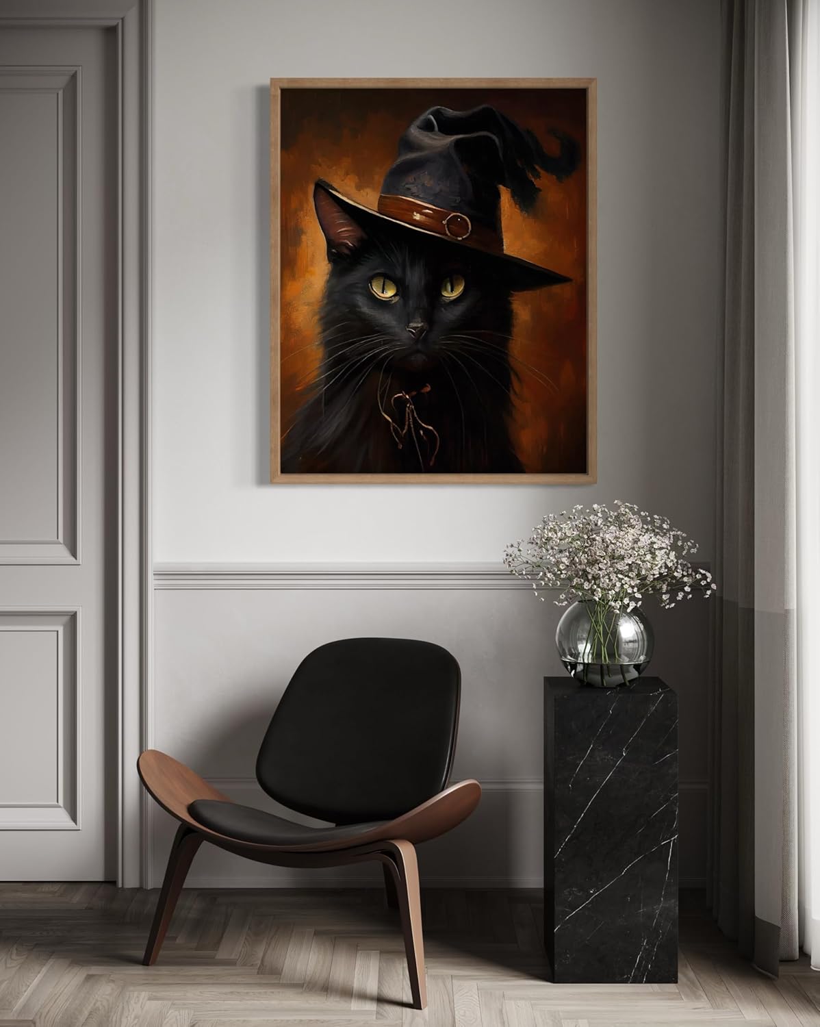 Witch Cat Poster Art Print, Halloween Scary Vintage Wall Art Academia Spooky Painting Decoration for Horror Prints, Gothic Posters Bedroom Decor 89 (Witch Cat, 16 x 20 inches, Wood Frame)