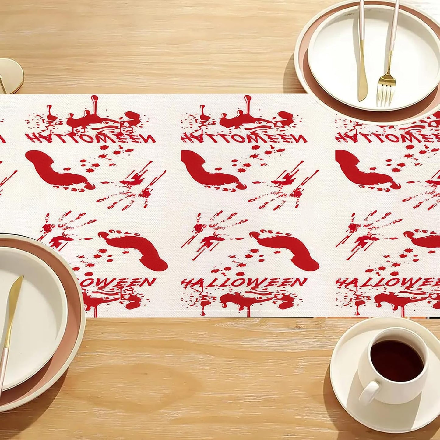 Halloween Table Runner 13 x 72 Inch, Scary Red Blood Footprints Linen Table Runner, Kitchen Dining Table Decorations, Halloween Table Decorations, Long Table Runner for Home Room Party Decor